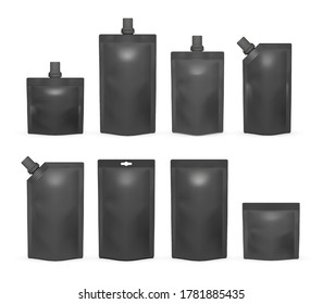 Black Doypack Mockup Set, Vector Illustration Isolated On White Background. Realistic Blank Doypack Plastic Bag, Food And Drink Packaging Stand Up Pouch Bag Templates.