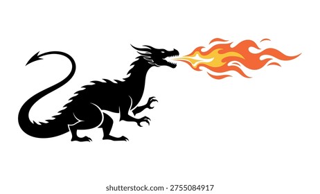 Black dragon breathing fire orange yellow