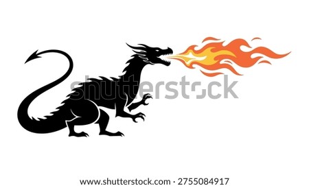 Black dragon breathing fire orange yellow