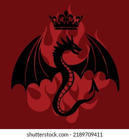 Schwarzer Drache mit Krone über seinem Kopf als Symbol des Hauses Targaryen. Poster des schwarzen Drachen auf dem Hintergrund des roten Feuers für die Serie House of the Dragon - prequel Game of Thrones. 