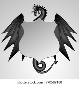 Black dragon in crown with a vintage sign isolated on white. Fantasy banner, poster and cover. Vector illustration