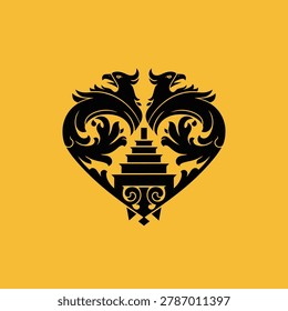 Black dragon double-headed emblem with stairs forming a heart shape on yellow background