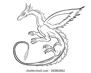 Black dragon during the flight isolated on white background. Hand drawing vector illustration