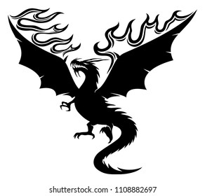 Black dragon with fiery wings on white background.