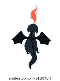 Black dragon flies and breathes fire on a white background. Vector illustration