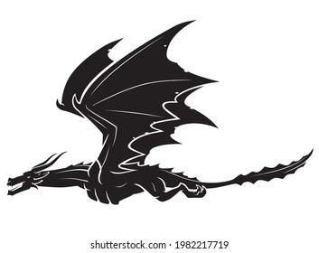 Black Dragon Flying, Side View Illustration