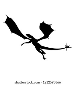 Black dragon flying silhouette, isolated on white background