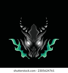 black dragon head with green fire