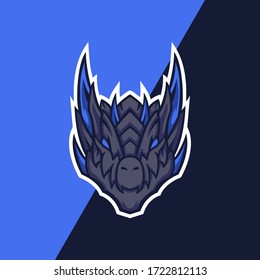 Black dragon head illustration with blue horn for mascot esport logo