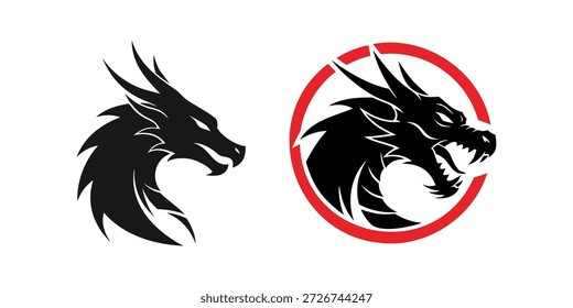  Logotipo de mascote preto cabeça de dragão com conjunto de vetor círculo vermelho
