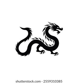 Black dragon icon. Mythical dragon isolated on white background. Stylish black dragon logo. Dragon silhouette vector. Vector illustration.