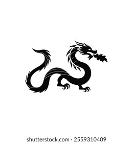 Black dragon icon. Mythical dragon isolated on white background. Stylish black dragon logo. Dragon silhouette vector. Vector illustration.