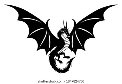 Black dragon icon with wings on white background.