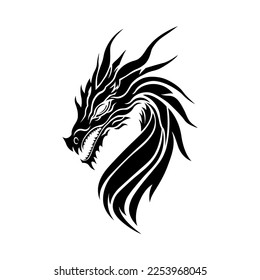 Black dragon illustration. Cut out isolated vector image, dragon head silhouette. Sketch for tattoo. Symbol of New Year 2024. Chinese dragon, fairy and fantastic serpent, fantazy monster, for cricut