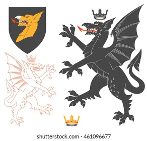 Black Dragon Illustration For Heraldry Or Tattoo Design Isolated On White Background. Heraldic Symbols And Elements