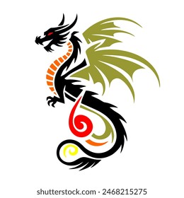 Black Dragon Indonesian Mythology. A minimalist 2D line vector of a dragon on a white background. The dragon is in a powerful pose, with wings spread wide and tail artistically curled.