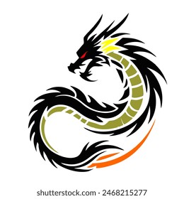 Black Dragon Indonesian Mythology. A minimalist 2D line vector of a dragon on a white background. The dragon is in a powerful pose, with wings spread wide and tail artistically curled.