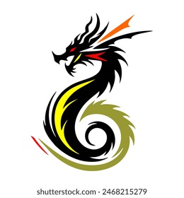 Black Dragon Indonesian Mythology. A minimalist 2D line vector of a dragon on a white background. The dragon is in a powerful pose, with wings spread wide and tail artistically curled.