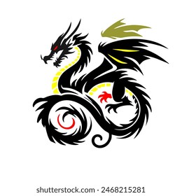 Dragón negro mitología indonesia. Un Vector minimalista de línea 2D de un dragón sobre un fondo blanco. El dragón tiene una pose poderosa, con las alas extendidas y la cola rizada artísticamente.