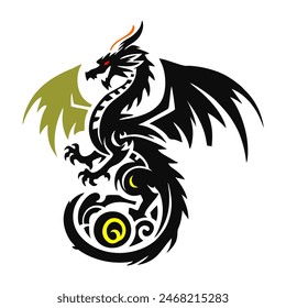 Black Dragon Indonesian Mythology. A minimalist 2D line vector of a dragon on a white background. The dragon is in a powerful pose, with wings spread wide and tail artistically curled.