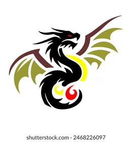 Black Dragon Indonesian Mythology. A minimalist 2D line vector of a dragon on a white background. The dragon is in a powerful pose, with wings spread wide and tail artistically curled.