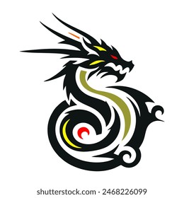 Black Dragon Indonesian Mythology. A minimalist 2D line vector of a dragon on a white background. The dragon is in a powerful pose, with wings spread wide and tail artistically curled.