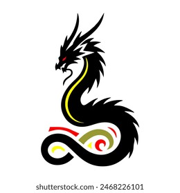 Black Dragon Indonesian Mythology. A minimalist 2D line vector of a dragon on a white background. The dragon is in a powerful pose, with wings spread wide and tail artistically curled.