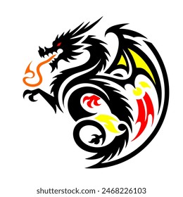 Black Dragon Indonesian Mythology. A minimalist 2D line vector of a dragon on a white background. The dragon is in a powerful pose, with wings spread wide and tail artistically curled.