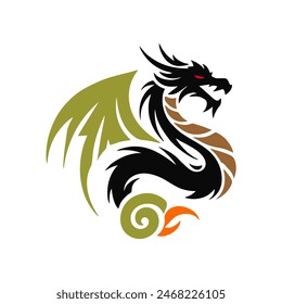 Black Dragon Indonesian Mythology. A minimalist 2D line vector of a dragon on a white background. The dragon is in a powerful pose, with wings spread wide and tail artistically curled.