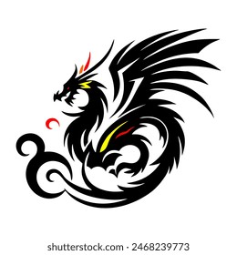 Black Dragon Indonesian Mythology. A minimalist 2D line vector of a dragon on a white background. The dragon is in a powerful pose, with wings spread wide and tail artistically curled.