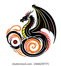 Black Dragon Indonesian Mythology. A minimalist 2D line vector of a dragon on a white background. The dragon is in a powerful pose, with wings spread wide and tail artistically curled.