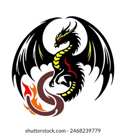 Black Dragon Indonesian Mythology. A minimalist 2D line vector of a dragon on a white background. The dragon is in a powerful pose, with wings spread wide and tail artistically curled.