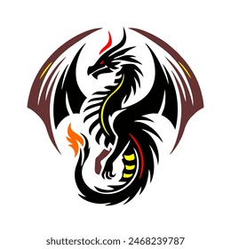 Black Dragon Indonesian Mythology. A minimalist 2D line vector of a dragon on a white background. The dragon is in a powerful pose, with wings spread wide and tail artistically curled.