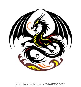 Black Dragon Indonesian Mythology. A minimalist 2D line vector of a dragon on a white background. The dragon is in a powerful pose, with wings spread wide and tail artistically curled