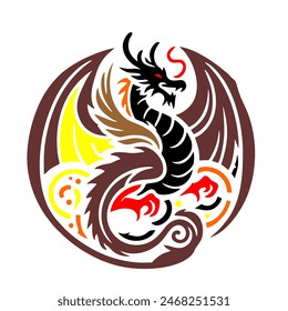 Black Dragon Indonesian Mythology. A minimalist 2D line vector of a dragon on a white background. The dragon is in a powerful pose, with wings spread wide and tail artistically curled