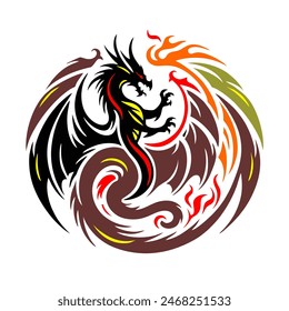 Black Dragon Indonesian Mythology. A minimalist 2D line vector of a dragon on a white background. The dragon is in a powerful pose, with wings spread wide and tail artistically curled