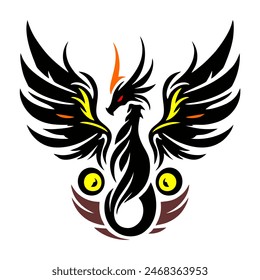 Black Dragon Indonesian Mythology. A minimalist 2D line vector of a dragon on a white background. The dragon is in a powerful pose, with wings spread wide and tail artistically curled.