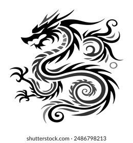 Dragón negro mitología indonesia. Un Vector minimalista de línea 2D de un dragón sobre un fondo blanco. El dragón tiene una pose poderosa, con las alas extendidas y la cola rizada artísticamente