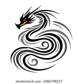 Dragón negro mitología indonesia. Un Vector minimalista de línea 2D de un dragón sobre un fondo blanco. El dragón tiene una pose poderosa, con las alas extendidas y la cola rizada artísticamente