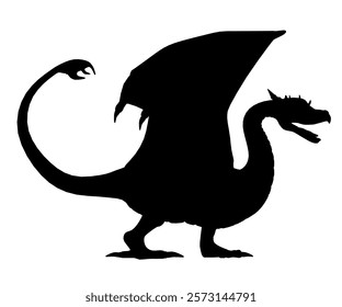 Black dragon with a long tail and wings. The dragon is standing on a white background. Concept of mystery and power, as the dragon is depicted as a formidable creature