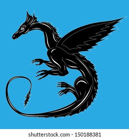 Black dragon on the blue background during the flight. Hand drawing vector illustration with editable background