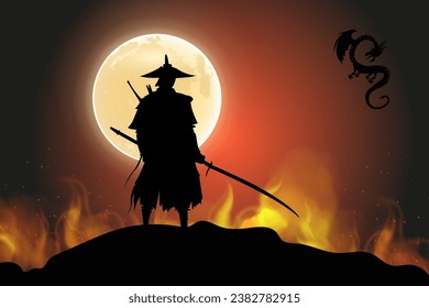 Schwarzer Drache, Samurai, Krieger, schwarzer Vektorhintergrund, Mondlicht