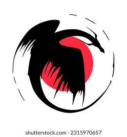 Black dragon silhouette in flight, Against the backdrop of the sun