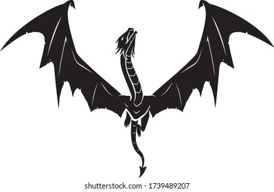 Black Dragon Silhouette, Flying Upward. Fantasy Creature Illustration