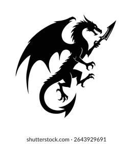 Silhueta de dragão preto segurando uma lança.