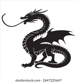 A Black Dragon Silhouette Majestic Creature with Wings and Long Tongue Fantasy Heraldic Symbolism and Mythological Depiction
