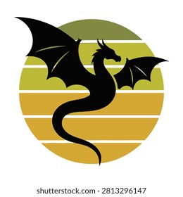 A black dragon silhouette set against a vibrant sunset background with horizontal stripes, evoking a sense of fantasy and adventure in a serene natural setting