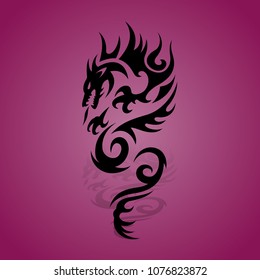 Black dragon silhouette with shadow on a purple background, vector