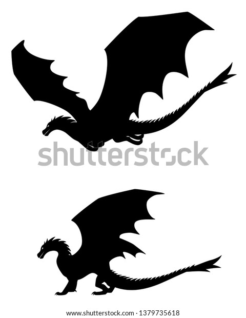 Black Dragon Silhouettes Staying Flying Vector Stock Vector (Royalty ...