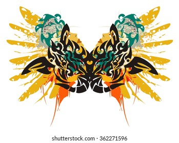 Black dragon splashes. Grunge double dragon symbol - splashes in a woman's face with the head and a wing of an eagle in tribal style 